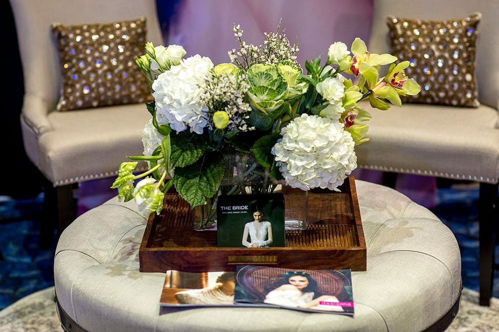 Lounge display with hydrangea centerpiece